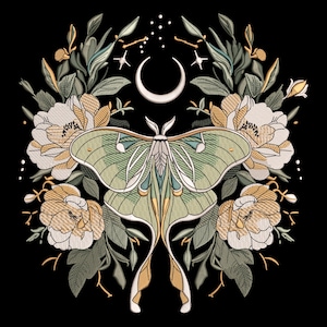May include: An embroidered design featuring a Luna moth with green and white wings, surrounded by cream-colored flowers, green leaves, and a crescent moon on a black background. The design has a celestial and botanical theme.
