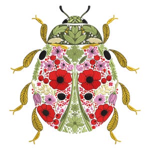 Floral Ladybug Embroidery Design, Insect Machine Embroidery Pattern, Garden Bug Embroidery File, Folk Beetle Machine, 7 Sizes, Download PES