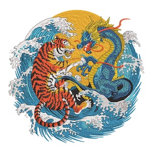 Tiger vs Dragon Embroidery Design, Japanese Mythical Battle, Samurai Style Machine Embroidery File ,Tiger Dragon ,6 Sizes, DST PES, Download