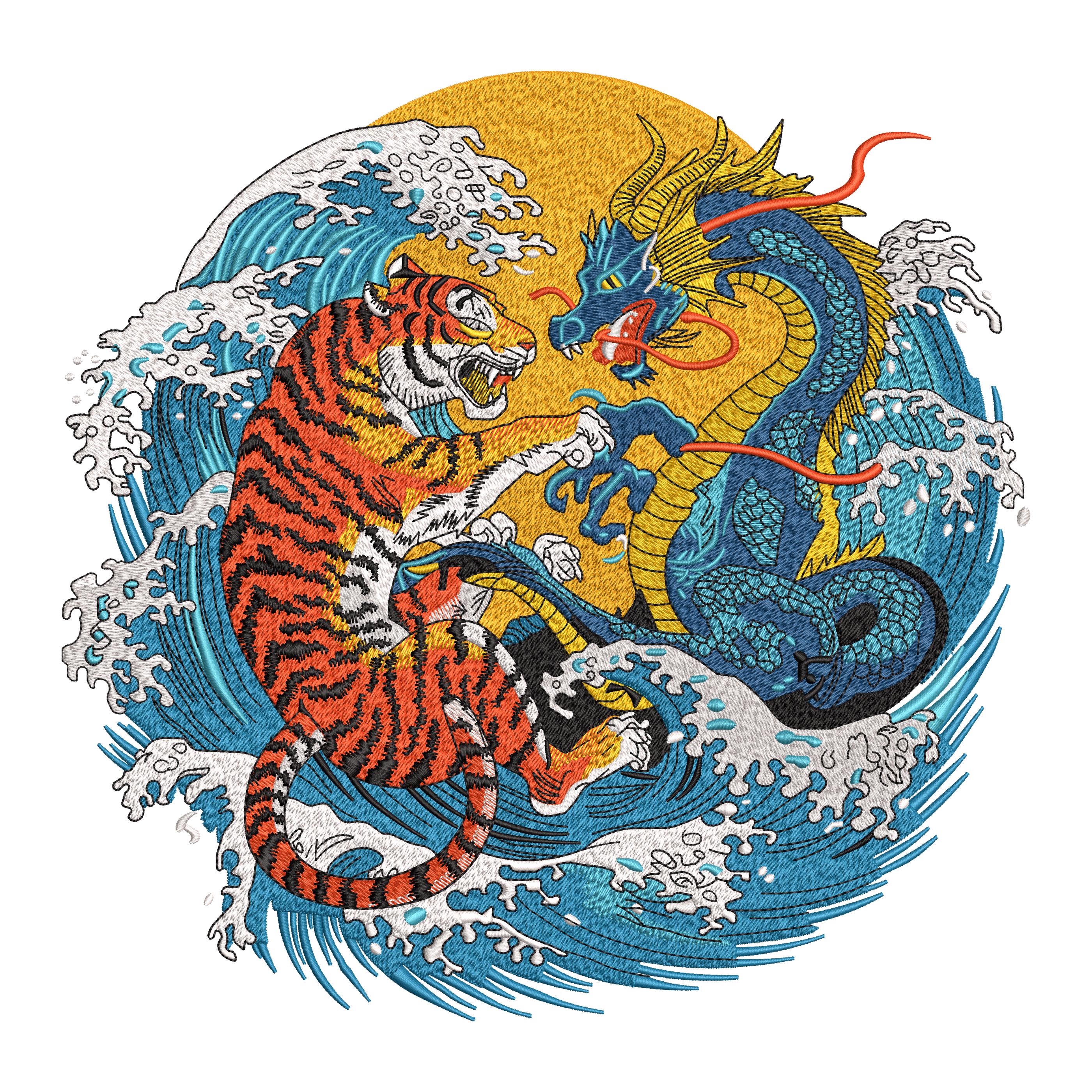 Tiger Vs Dragon Embroidery Design, Japanese Mythical Battle