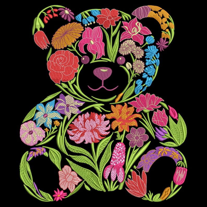 花柄テディベア刺繍デザイン、かわいい動物クマの機械刺繍パターン、下クマの機械刺繍ファイル、7サイズ、PESをダウンロード 画像 9