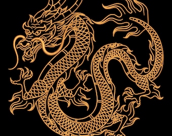 Golden Line Dragon Embroidery Design File, Japanese Style Yellow Dragon, Machine Embroidery Pattern, 5 Sizes, Format DST PES, Download File