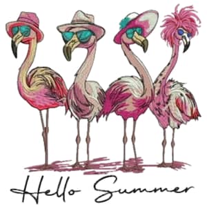 Flamingo Machine Embroidery Design, Hello Summer Flamingo Embroidery Design, Pink Flamingo Bird, 5 Sizes, Format DST PES, Instant Download