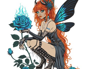 Dark Fairy Embroidery Design with Blue Rose, Gothic Fantasy Fairy Machine Embroidery File, Witchy Fairy Art, 6 Sizes, DST PES, Download