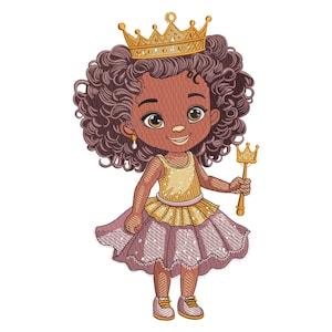 May include: A cartoon illustration of a young girl dressed as a princess. She wears a gold crown, a gold and pink dress, and holds a golden scepter. Her curly brown hair frames her face, and she has a pearl earring.
