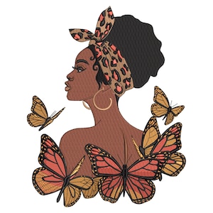 蝶の刺繍デザイン（アフロウーマン）、ブラックガール・マジック・ボヘミアン・フェミニン・パターン、アフロ・ブラックガール、6サイズ、フォーマット：DST PES、ダウンロード