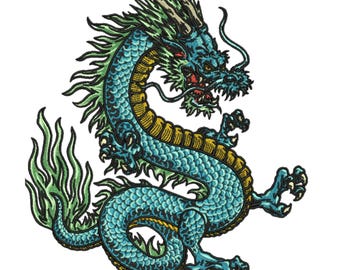 Dragon Embroidery Design File, Japanese Style Bleu Dragon, Machine Embroidery Pattern, Dragon, 5 Sizes, Format DST PES, Instant Download