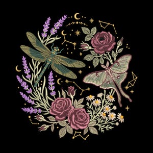 May include: An embroidery design featuring a green dragonfly and a pale green moth surrounded by purple lavender, dark pink roses, and white daisies. The composition includes gold celestial elements like stars, crescent moons, and constellations on a black background.
