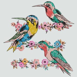 花柄ハチドリ刺繍デザイン、ハチドリパターン、花柄鳥刺繍、花柄エレガントな鳥アートデザイン、5サイズ、フォーマットDST PES