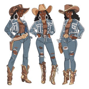 May include: Three illustrations of women in denim jackets, ripped jeans, and cowboy boots. Each figure wears a brown cowboy hat, hoop earrings, and a belt with a circular buckle. One figure has a holster. The outfits are in shades of blue, brown, and gold.