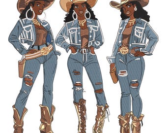 Diseño de bordado de trío de vaqueras negras, bordado a máquina para mujeres del oeste, patrón de puntada para botas vaqueras y chaqueta vaquera, 6 tamaños, descarga instantánea