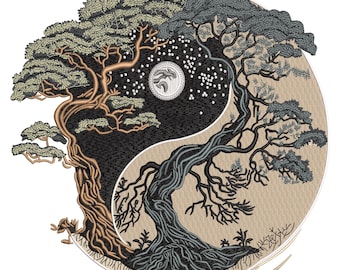 Yin Yang Bonsai Tree Embroidery Design, Sunset Landscape Machine Embroidery File, Zen Nature PES DST EXP VP3 Pattern, 6 Sizes, Download