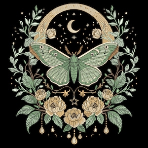 Celestial Luna Moth Embroidery Design, Boho Moon & Flowers Pattern, Mystical Nature Machine Embroidery, 7 Sizes, Format DST PES ,Download