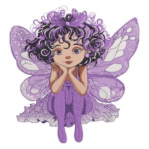 May include: A charming illustration of a fairy in shades of purple. The fairy has large, patterned wings, a purple dress, and curly hair. She rests her chin on her hands, creating a gentle and inviting image. The design is soft and detailed.