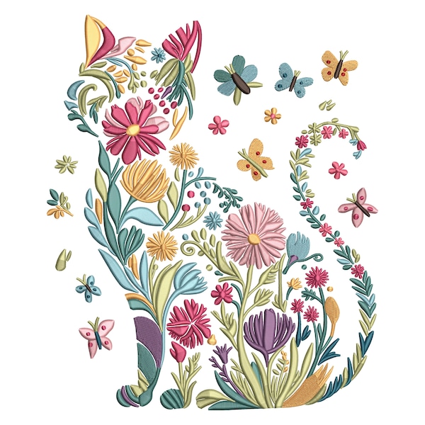 Floral Cat Embroidery Design File, Botanical Kitty Machine Embroidery Pattern, Nature Flowers Cat ,7 Sizes, Format DST PES, Instant Download