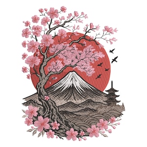 Op de afbeelding: Een geborduurd ontwerp met een Japanse landschap met de berg Fuji, een rode zon en een kersenbloesemboom. Zwarte vogels vliegen door de lucht. Een pagode staat aan de rechterkant van de afbeelding.