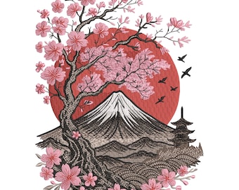 桜山刺繍デザイン、富士木ミシン刺繍パターン、日本の桜の夕焼け、7サイズ、DST PES EXP 即時ダウンロード