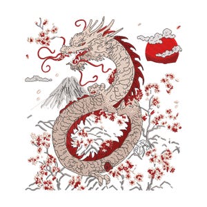 Disegno da ricamo di drago giapponese con fiori di ciliegio, file per ricamo a macchina di drago orientale, drago rosso in stile giapponese, 6 misure, scaricabile