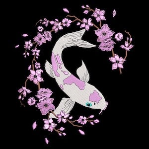 Koi Fish Embroidery Design, Japanese Sakura Cherry Blossom Pattern, Zen Pond Art, Asian Inspired Machine Embroidery File, 7 Sizes, Download