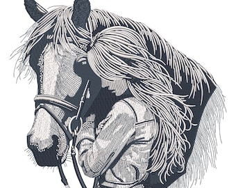 Horse Girl Embroidery Design, Horse Head Embroidery Machine Design, Realistic Horse Portrait, Western Horse Stitch Pattern,5 Sizes, Download