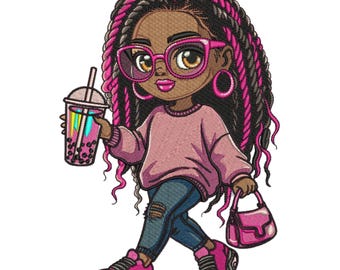 Afro Black Girl Embroidery Design, African American Machine Embroidery File, Baby Girl with Curly Hair ,5 Sizes, Format DST PES, Download
