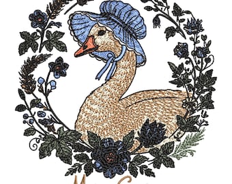 Mama Goose Floral Embroidery Design, Vintage Goose with Bonnet, Farmhouse Animal Machine Embroidery File, 6 Sizes, Format DST PES ,Download