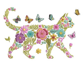Floral Cat Embroidery Design, Whimsical Cat with Butterflies Floral Embroidery Design, Boho Animal Cat Pattern Machine, 7 Sizes, Download