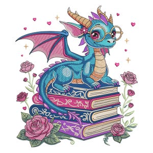 May include: A colourful illustration of a blue dragon wearing spectacles, sitting on a pile of books. The dragon has pink wings and is surrounded by pink roses and hearts. The books feature decorative designs.