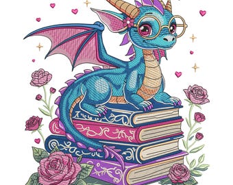 Cute Dragon on Books Machine Embroidery Design, Fantasy Book Lover Pattern, Dragon Reading Embroidery, Cute Dragon File,6 Sizes DST Download