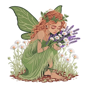 Green Fairy Flower Embroidery Design, Nature Fairy with Wildflowers, Fantasy Machine Embroidery Pattern, 6 Sizes, Fairy PES JEF DST Download