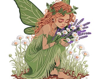 Green Fairy Flower Embroidery Design, Nature Fairy with Wildflowers, Fantasy Machine Embroidery Pattern, 6 Sizes, Fairy PES JEF DST Download