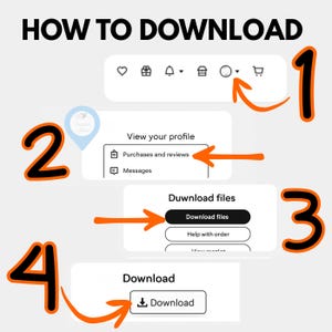 以下が含まれることがあります： 「HOW TO DOWNLOAD」のテキストが上部に表示された、ファイルのダウンロード方法に関するステップバイステップガイド。ダウンロードプロセスを示すために、番号付きのオレンジ色の矢印を使用し、「Download」という単語が2回表示されています。