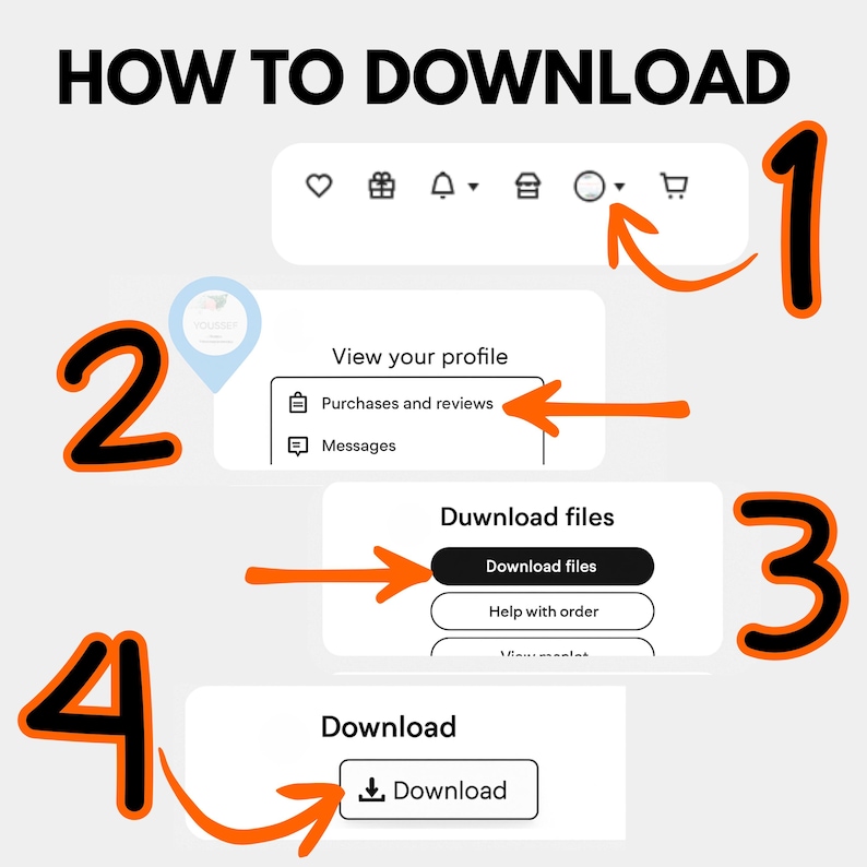 以下が含まれることがあります： 「HOW TO DOWNLOAD」のテキストが上部に表示された、ファイルのダウンロード方法に関するステップバイステップガイド。ダウンロードプロセスを示すために、番号付きのオレンジ色の矢印を使用し、「Download」という単語が2回表示されています。