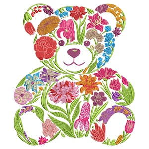 花柄テディベア刺繍デザイン、かわいい動物クマの機械刺繍パターン、下クマの機械刺繍ファイル、7サイズ、PESをダウンロード 画像 1