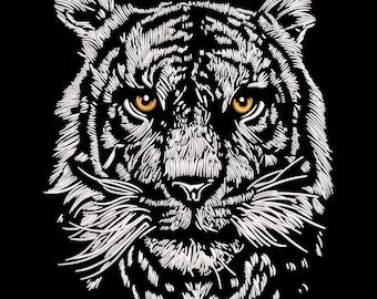 Broderidesign med tigeransikte, maskinbroderimönster med vilda djur, realistiskt tigerhuvud, broderi av sibirisk tiger, 5 storlekar, ladda ner PES