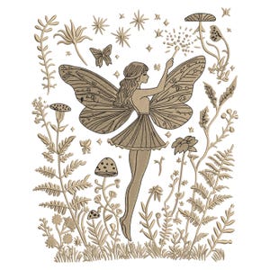 May include: An embroidered design featuring a fairy with butterfly wings, surrounded by plants, mushrooms, and stars. The fairy is holding a wand, and the design is in shades of tan and brown on a white background.