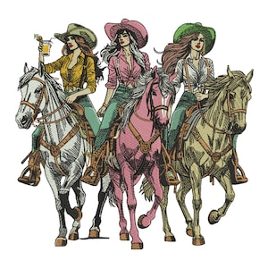 Western Embroidery Design, Cowgirls And Horses Embroidery Machine File, Cowgirls Rides Horses Embroidery Design, 5 Sizes, Format DST PES
