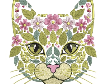 花柄猫の顔刺繍デザイン、野花猫のミシンファイル、植物動物のステッチ