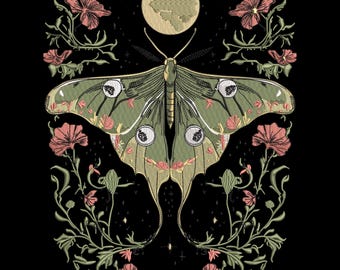 Luna Moth Embroidery Design, Celestial Moon & Floral Pattern, Witchy Nature Boho Embroidery File, Digital Machine Download, 7 Sizes PES JEF