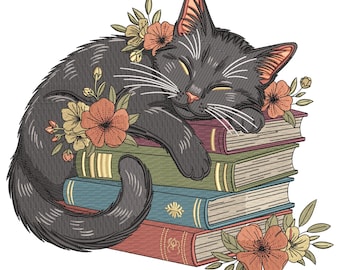Peut inclure: Un chat noir aux yeux fermés, orné de fleurs, se repose sur une pile de livres. Les livres sont de couleurs variées, dont le rouge, le vert et le bleu. Le chat a des moustaches blanches et un nez rose. Thème littéraire et confortable.