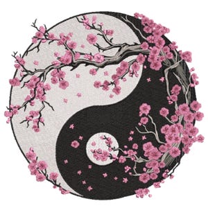 May include: Embroidered Yin and Yang symbol with a floral design. The design features a black and white yin yang shape with pink cherry blossom branches and flowers. The flowers are in full bloom, adding a touch of color and detail to the design.