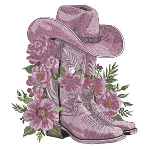 Cowboy Hat Boots Embroidery Design, Western Floral Machine Embroidery Pattern, Rustic Country Embroidery File, 6 Sizes, DST PES Download