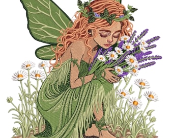 Green Fairy with Flowers Embroidery Design, Festive Fairy Clipart, Fairy Embroidery Design Machine File, Fairy Girl ,5 Sizes, Format DST PES