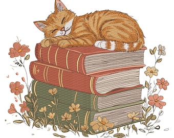Peut inclure: Une broderie représentant un chat roux endormi sur une pile de trois livres. Les livres sont dans des tons de rouge et de vert, avec des accents floraux pêche et jaune. Le chat est enroulé, semblant paisible.