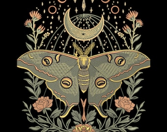 May include: An embroidered design featuring a large moth with olive green wings and yellow accents, set against a black background. The moth is surrounded by floral elements, a crescent moon, and celestial details. The design has a vintage, mystical aesthetic.