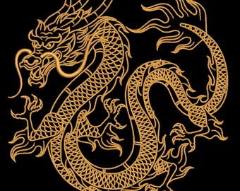 Dragon Embroidery Design File, Japanese Style Yellow Dragon, Machine Embroidery Pattern, Dragon, 5 Sizes, Format DST PES, Instant Download