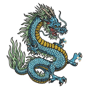 Archivo de diseño de bordado de dragón, dragón azul estilo japonés, patrón de bordado a máquina de dragón asiático mítico, 7 tamaños, formato DST PES, descarga