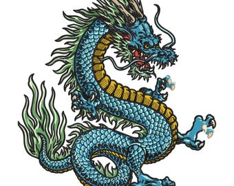 Dragon Embroidery Design File, Japanese Style Bleu Dragon, Mythical Asian Dragon Machine Embroidery Pattern,7 Sizes, Format DST PES,Download