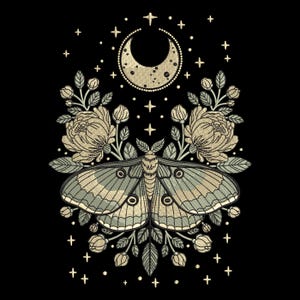 May include: An embroidered design featuring a moth with detailed wings, flanked by floral elements and a crescent moon. The design is in shades of green, beige, and gold against a black background, with stars scattered around the moon.