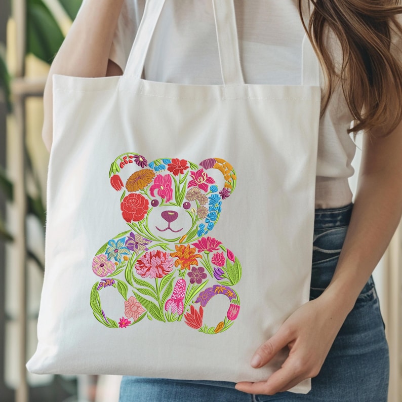 花柄テディベア刺繍デザイン、かわいい動物クマの機械刺繍パターン、下クマの機械刺繍ファイル、7サイズ、PESをダウンロード 画像 19